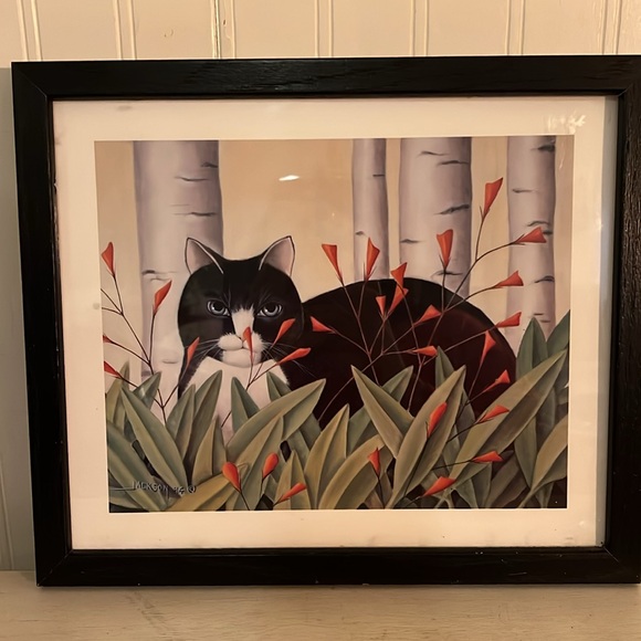 diana Jackson Other - 90s 1994 Framed Cat Art with Red Flowers Diana Jackson print